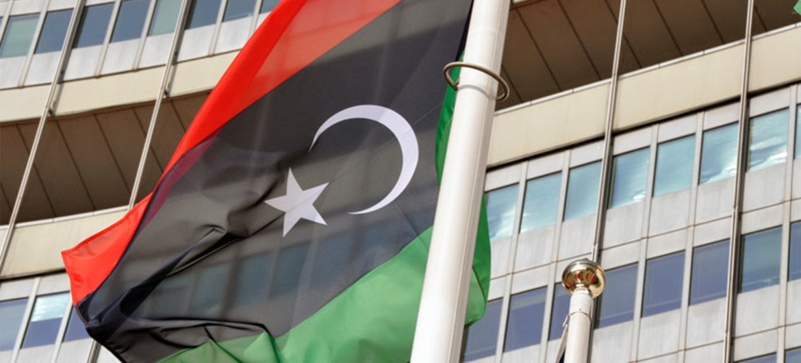 Flag of Libya's National Transitional Council at the United Nations in Vienna. Oct '2011.