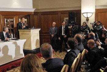 Secretary-General Ban Ki-moon (at podium) briefs the press during his official visit to Beirut, Lebanon.