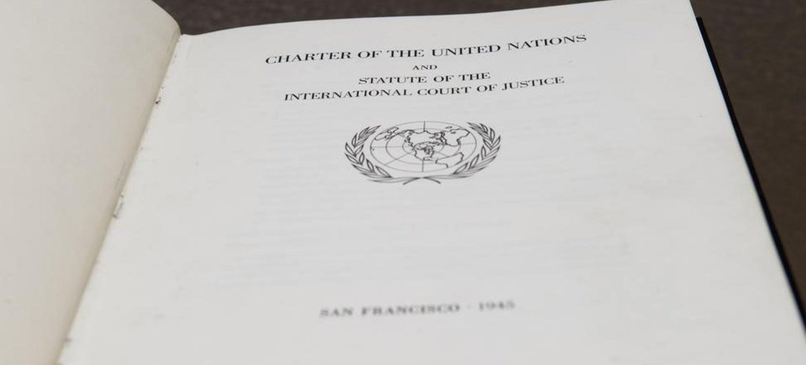 A close view of the original copy of the Charter of the United Nations which is kept in the United States National Archives in Washington D.C.