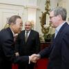 Secretary-General Ban Ki-moon (left) greets his Special Adviser on Cyprus, Alexander Downer, at Greentree Estate in Manhasset, New York.
