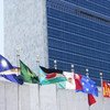Flags of Member States fly in front of the United Nations Headquarters building.