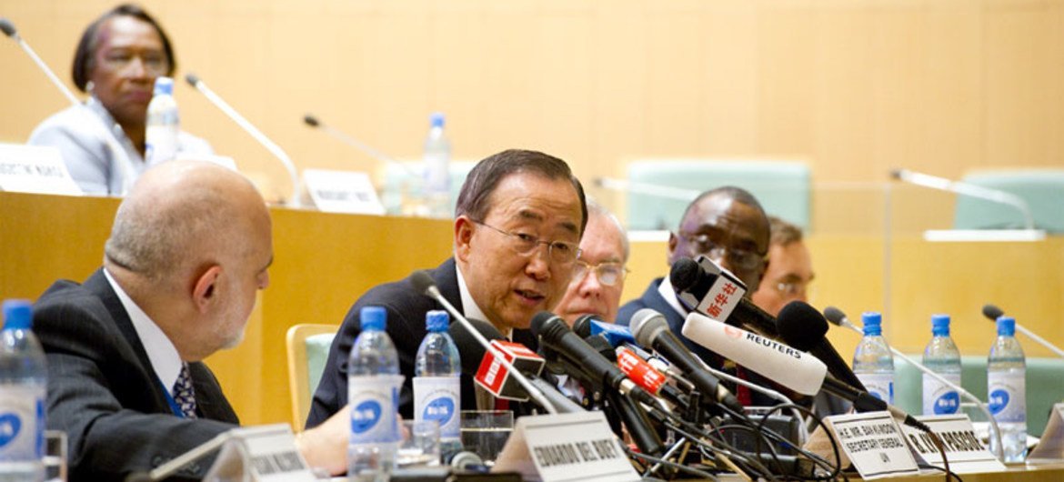 Secretary-General Ban Ki-moon  briefs the press following his address to the 18th African Union Summit, in Addis Ababa, Ethiopia.