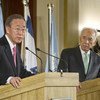 Secretary-General Ban Ki-moon (left) and President Shimon Peres of Israel hold joint press conference in Jerusalem.