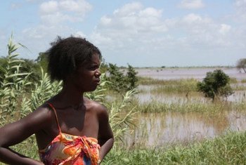 A woman in Maputo province of Mozambique looks out on to farmland which has been flooded as a result of  recent tropical storms, Dando and Funso.