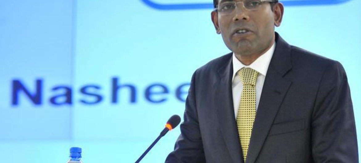 President Mohamed Nasheed of the Maldives addressing the Human Rights Council in Geneva in September 2011.