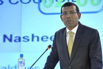 President Mohamed Nasheed of the Maldives addressing the Human Rights Council in Geneva in September 2011.