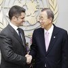 Secretary-General Ban Ki-moon (right) meets with Vuk Jeremic, Foreign Minister of Serbia.