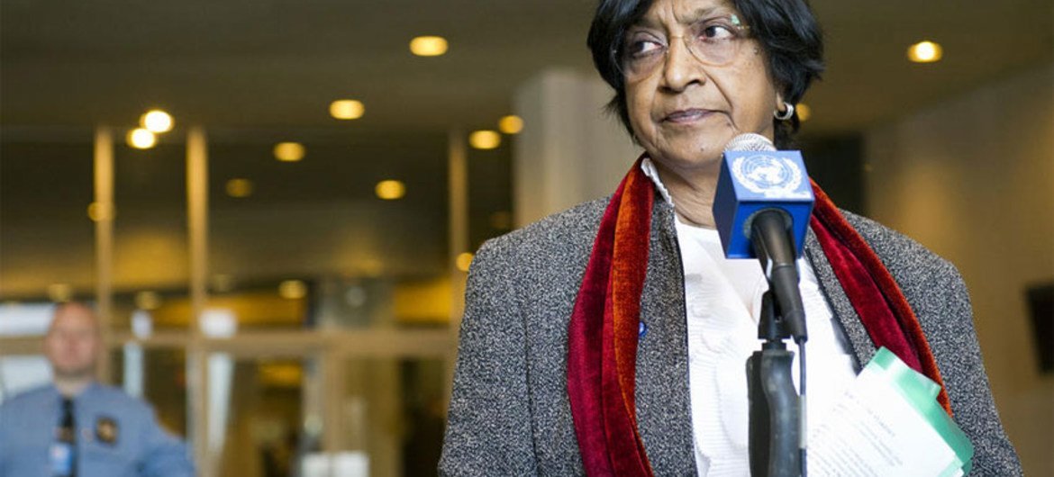 High Commissioner Navi Pillay  speaks to reporters following her briefing to the General Assembly on Syria.