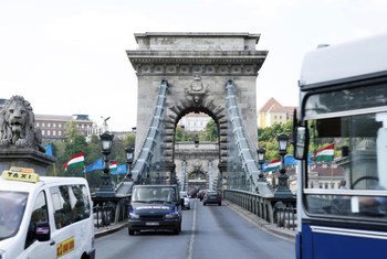 A view of one of many bridges over the Danube River connecting the two sides, Buda and Pest, of Hungarian capital, Budapest.