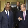 Secretary-General Ban Ki-moon (right) with Kofi Annan, Joint UN-Arab League Special Envoy on the Syrian crisis, heading to their meeting at UN Headquarters.