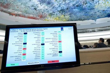 Le vote au Conseil des droits de l'homme condamnant les violations des droits de l'homme en Syrie. Photo ONU/Marc Ferré