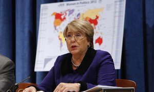 UN Women Executive Director Michelle Bachelet addresses press conference on Women in Politics.