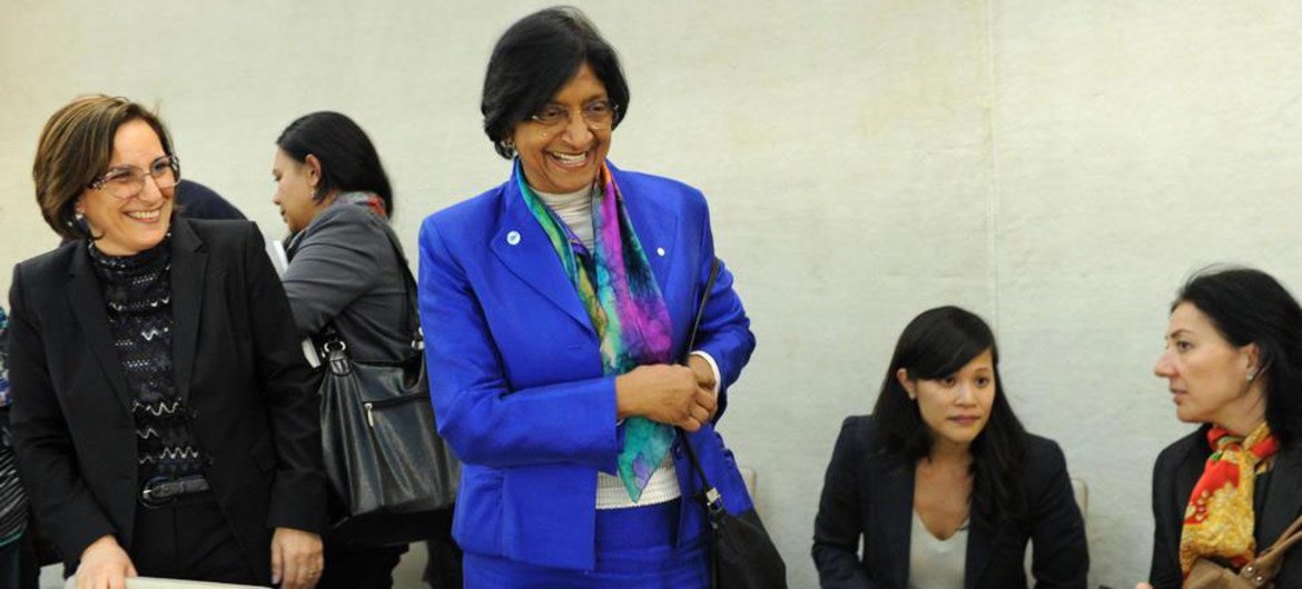 Rights Commissioner Navi Pillay (centre) at the Human Rights Council’s panel discussion to tackle violence based on sexual orientation.