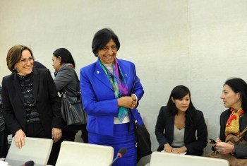 Rights Commissioner Navi Pillay (centre) at the Human Rights Council’s panel discussion to tackle violence based on sexual orientation.