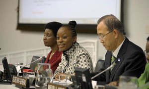 From right: Secretary-General Ban Ki-moon, broadcaster Femi Oke and Deputy Secretary-General Asha-Rose Migiro at Women's Day event.