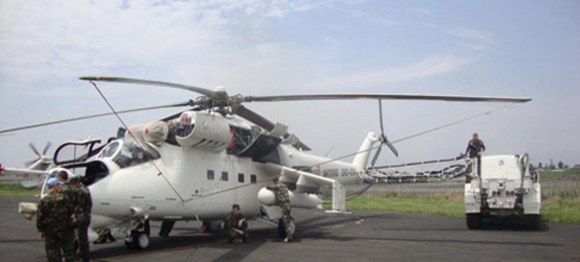 Ukrainian Mi-24 tactical helicopter provided to MONUSCO on the tarmac of Goma airport in the DRC.