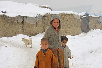 Afghan children exposed to the cold weather in a makeshift settlement in Kabul.