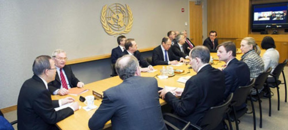 Le Secrétaire général Ban Ki-moon en réunion avec les membres du Quatuor. Photo ONU/Eskinder Debebe