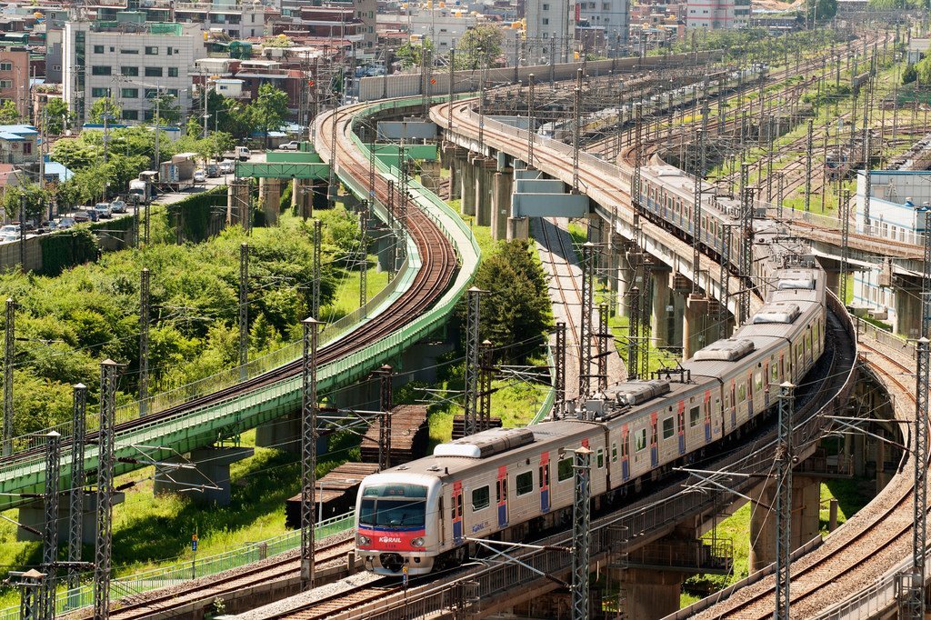  A train snakes its way through Seoul in the Republic of Korea.