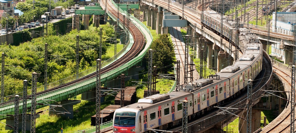  A train snakes its way through Seoul in the Republic of Korea.