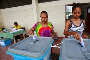 Two women cast their vote in the Timor-Leste’s presidential elections.