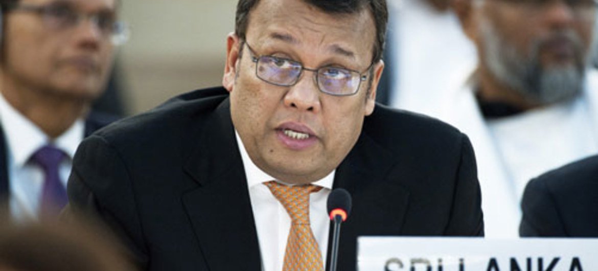 Mahinda Samarasinghe, Sri Lankan Minister of Plantation Industries, addresses a meeting of the Human Rights Council on his country.