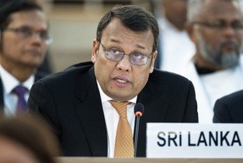 Mahinda Samarasinghe, Sri Lankan Minister of Plantation Industries, addresses a meeting of the Human Rights Council on his country.