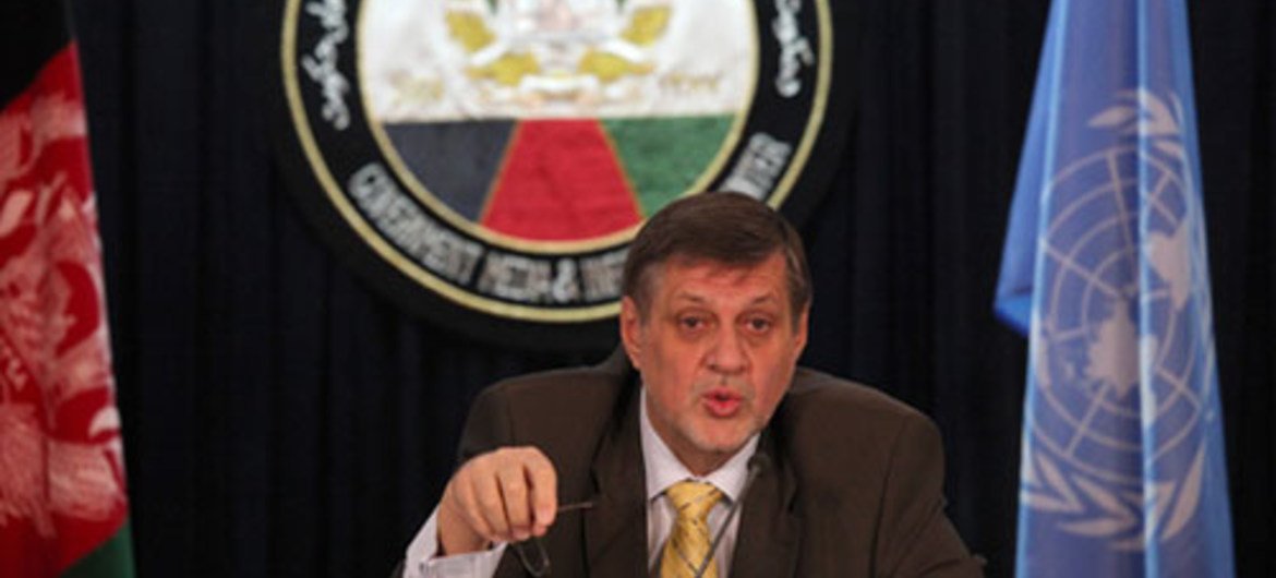 Special Representative .Ján Kubiš addresses media in Kabul, Afghanistan.