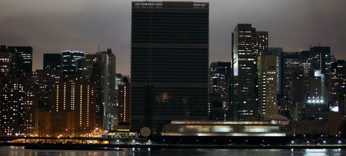 Lights dimmed at UN Headquarters to observe Earth Hour in 2012.