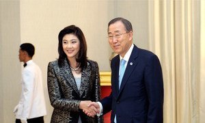 Secretary-General Ban Ki-moon  with Prime Minister Yingluck Shinawatrav on a visit to Thailand in November 2011.