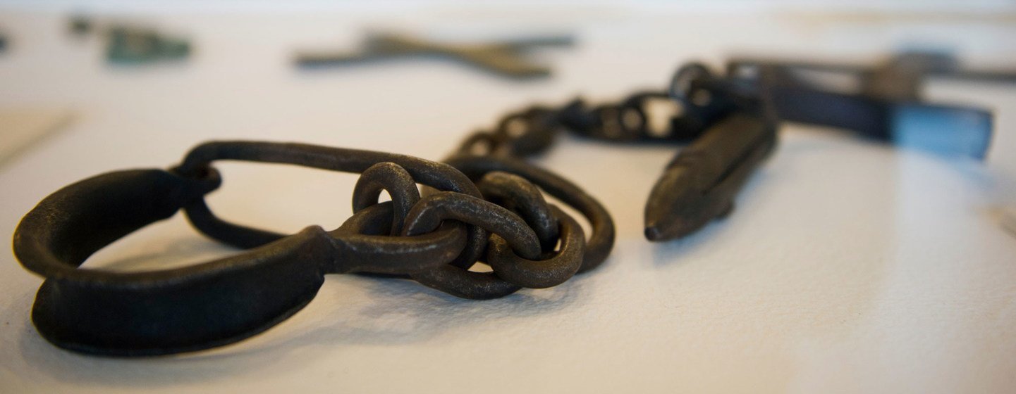 Shackles used to bind slaves on display at the Transatlantic Slave Trade exhibition at UN Headquarters in New York. (file)