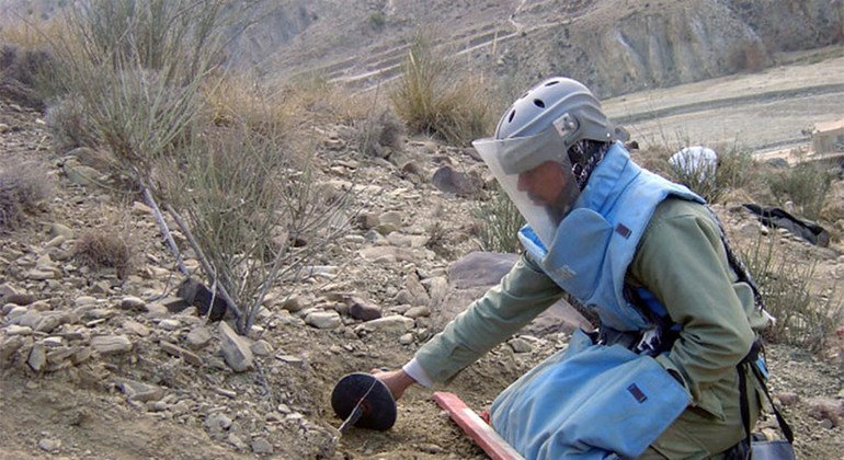 Demining engineer of the Mine Action Programme of Afghanistan clears an anti-personnel landmine. UN Photo/UNMACA