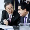 Secretary-General Ban Ki-moon (left) and General Assembly President Nassir Abdulaziz Al-Nasser confer at informal meeting on Syria.