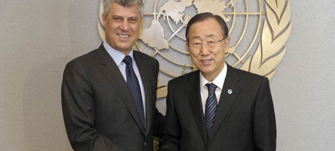 Secretary-General Ban Ki-moon (right) meets with Hachim Thaçi, Representative of the Kosovo authorities.