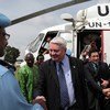 Under-Secretary-General for Peacekeeping Operations Hervé Ladsous (centre), arrives in Gbarnga, Liberia.