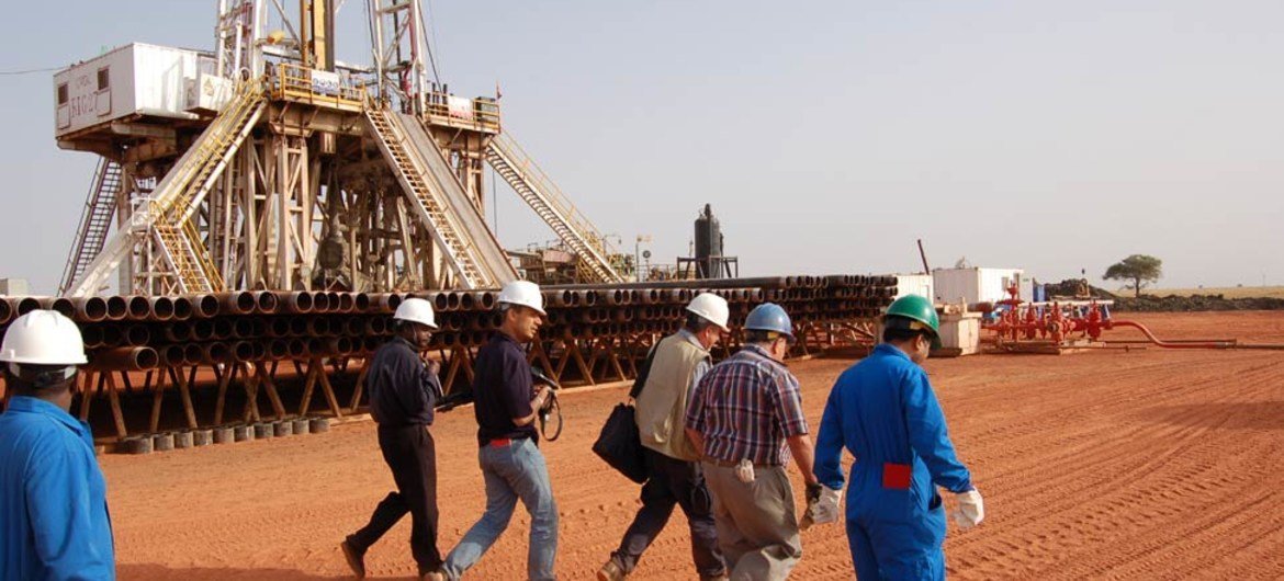 Well casings lined up beneath the Heglig oil drilling rig in Sudan.