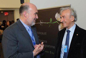 UN Messenger of Peace Elie Wiesel (right) speaks with Amb. Ron Prosor of Israel at event marking the 50th anniversary of the trial of Adolf Eichmann.