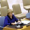 La Directrice exécutive d’ONU-Femmes, Michelle Bachelet, devant le Conseil de sécurité. Photo ONU/Evan Schneider