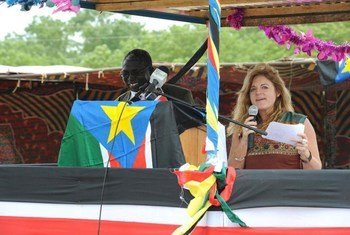 Special Representative Hilde F. Johnson (right), speaking at historic all-community peace agreement signing ceremony in Bor, Jonglei State, Soth Sudan.