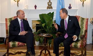 Secretary-General Ban Ki-moon and French Foreign Minister, Laurent Fabius, during their meeting in New York.