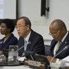 Secretary-General Ban Ki-moon (centre) launches the MDG Integrated Implementation Framework website.