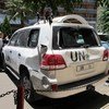 Le véhicule de l'ONU qui a été attaqué par une foule en colère alors qu'il tentait d'entrer dans la ville d'al-Haffeh le 12 juin 2012. Photo ONU/David Manyua