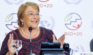 UN Women Executive Director Michelle Bachelet briefs press on “The Future Women Want,” at the Rio+20 Conference on Sustainable Development in Brazil.