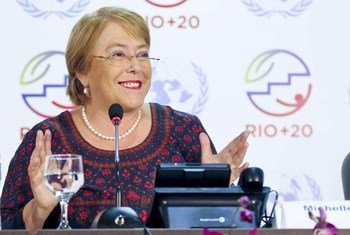 UN Women Executive Director Michelle Bachelet briefs press on “The Future Women Want,” at the Rio+20 Conference on Sustainable Development in Brazil.