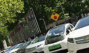 Electric cars parked at UN Headquarters.