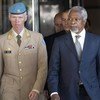 Joint Special Envoy of the UN and the Arab League for Syria Kofi Annan (right) and Major-General Robert Mood, head of UNSMIS, arrive for the press conference.