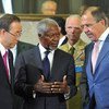 Le Secrétaire général Ban Ki-moon, L'Envoyé spécial conjoint Kofi Annan,  le Général Robert Mood et le Ministre des affaires étrangères Sergey Lavrov. Photo ONU
