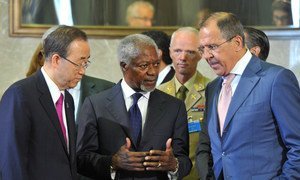 Left to right: Secretary-General Ban Ki-moon, Joint Special Envoy Kofi Annan, Major-General Robert Mood and Russian Foreign Minister Sergey Lavrov in Geneva.