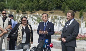Secretary-General Ban Ki-moon (centre) visits the memorial in Srebrenica for the 1995 massacre of 8,000 Muslim men and boys by Bosnian Serb forces.