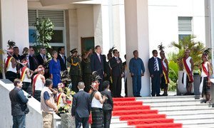 Secretary-General Ban Ki-moon and Timor-Leste President Taur Matan Ruak review troops at at the Presidential Palace in Dili.